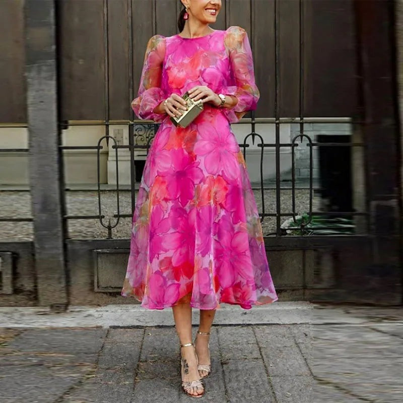 Lydia Harrison | Robe midi en organza à imprimé floral et manches bouffantes