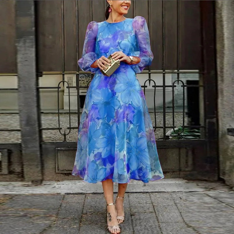 Lydia Harrison | Robe midi en organza à imprimé floral et manches bouffantes