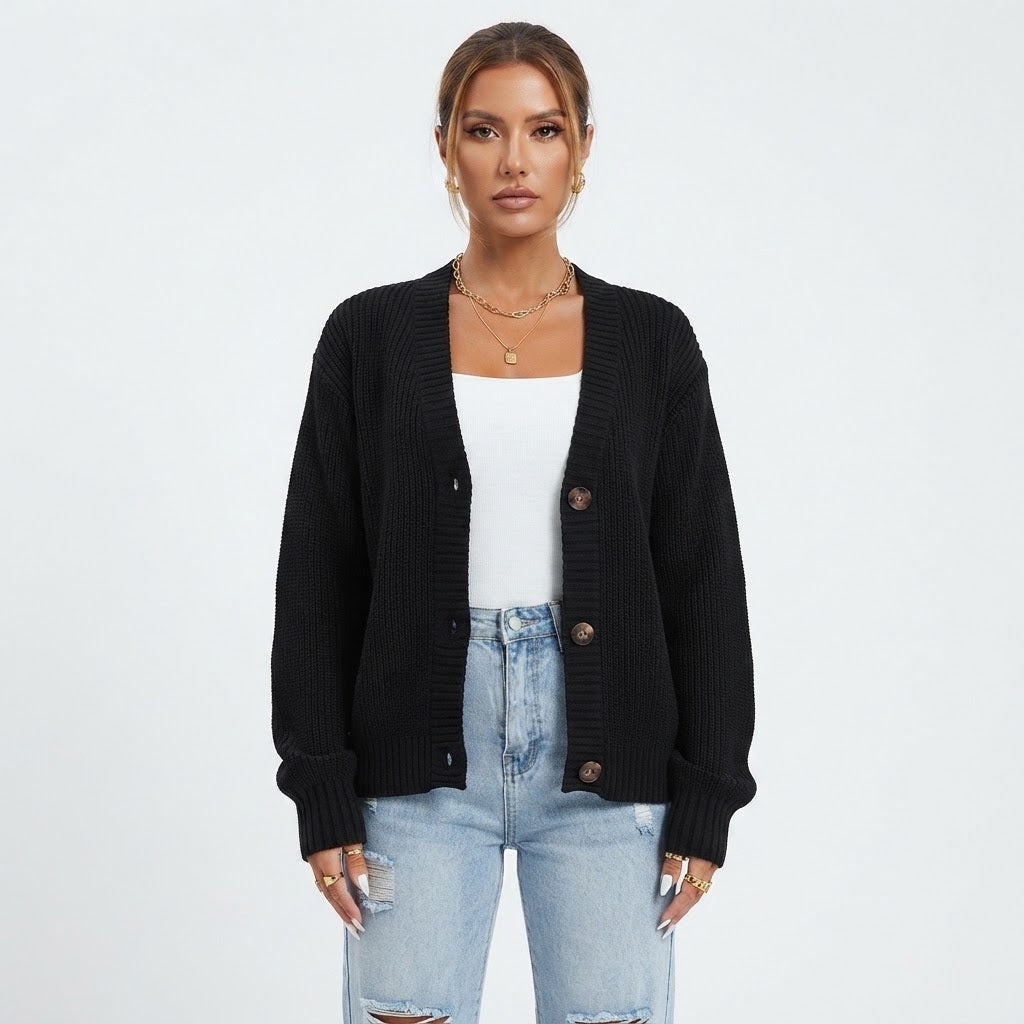 Orla Brown | Green Ribbed Knit Button-Front Cardigan