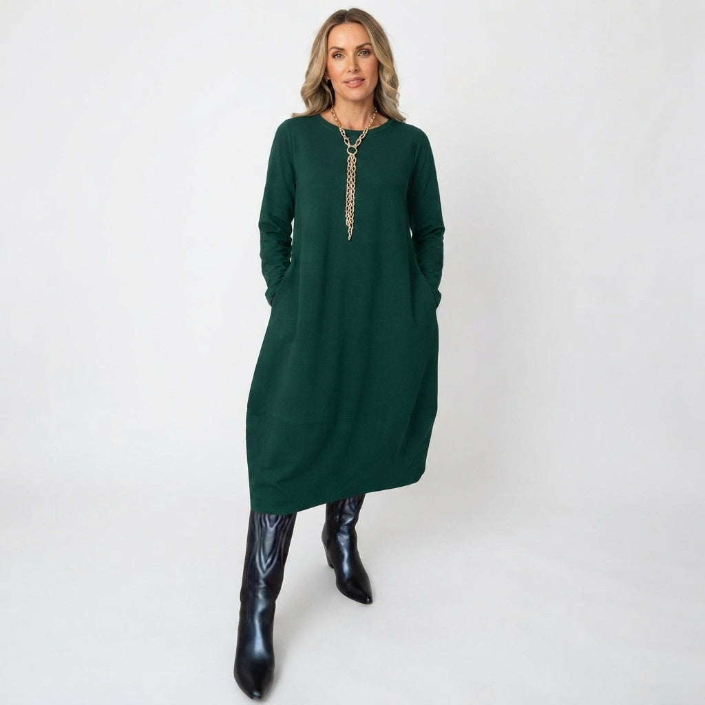 Penelope Hill | Green Round-Neck Midi Dress