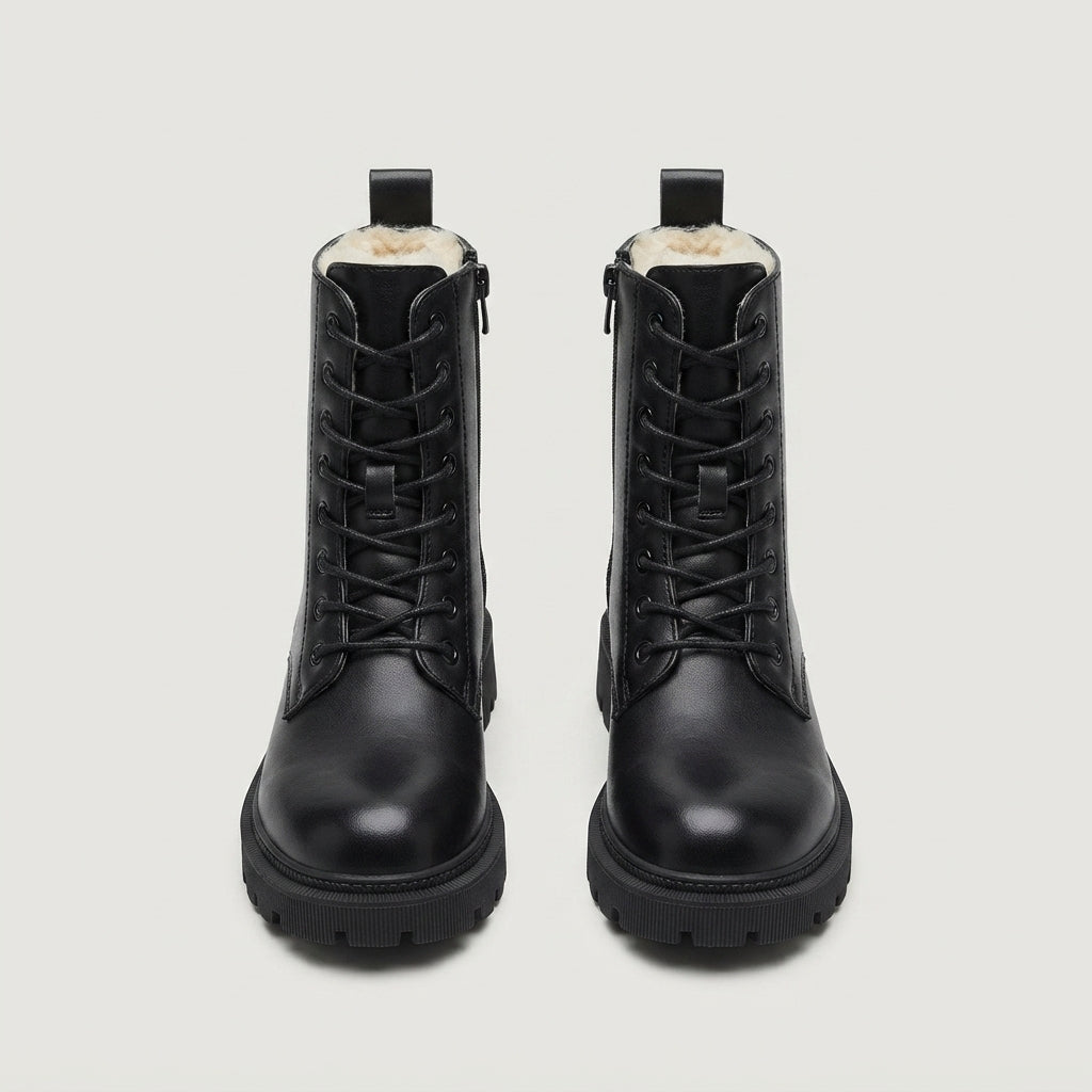 Phoebe Harrison | Black Lace-Up Ankle Boots with Faux Fur Lining