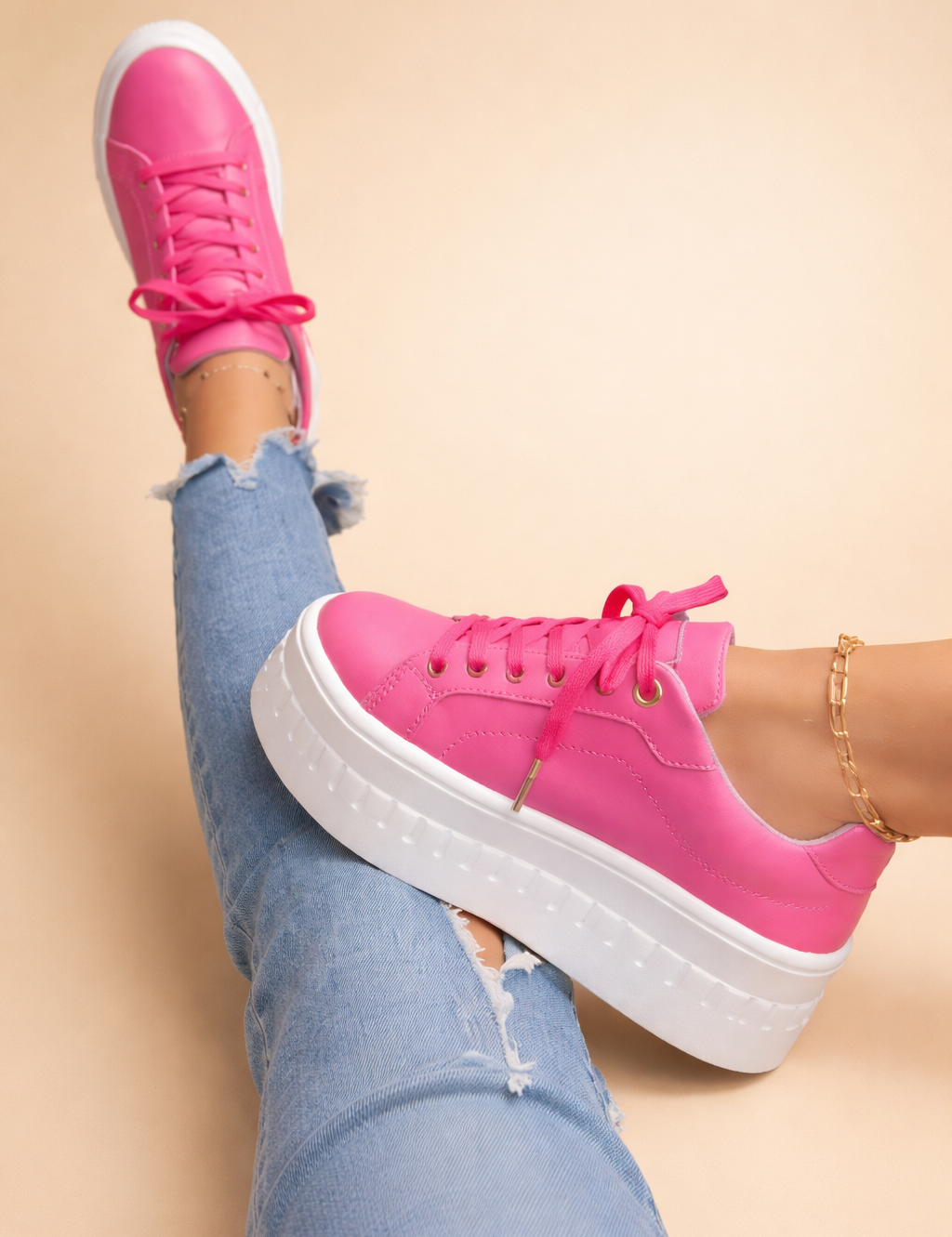 Camille Vosselair | Tan Platform Lace-Up Sneakers for Women