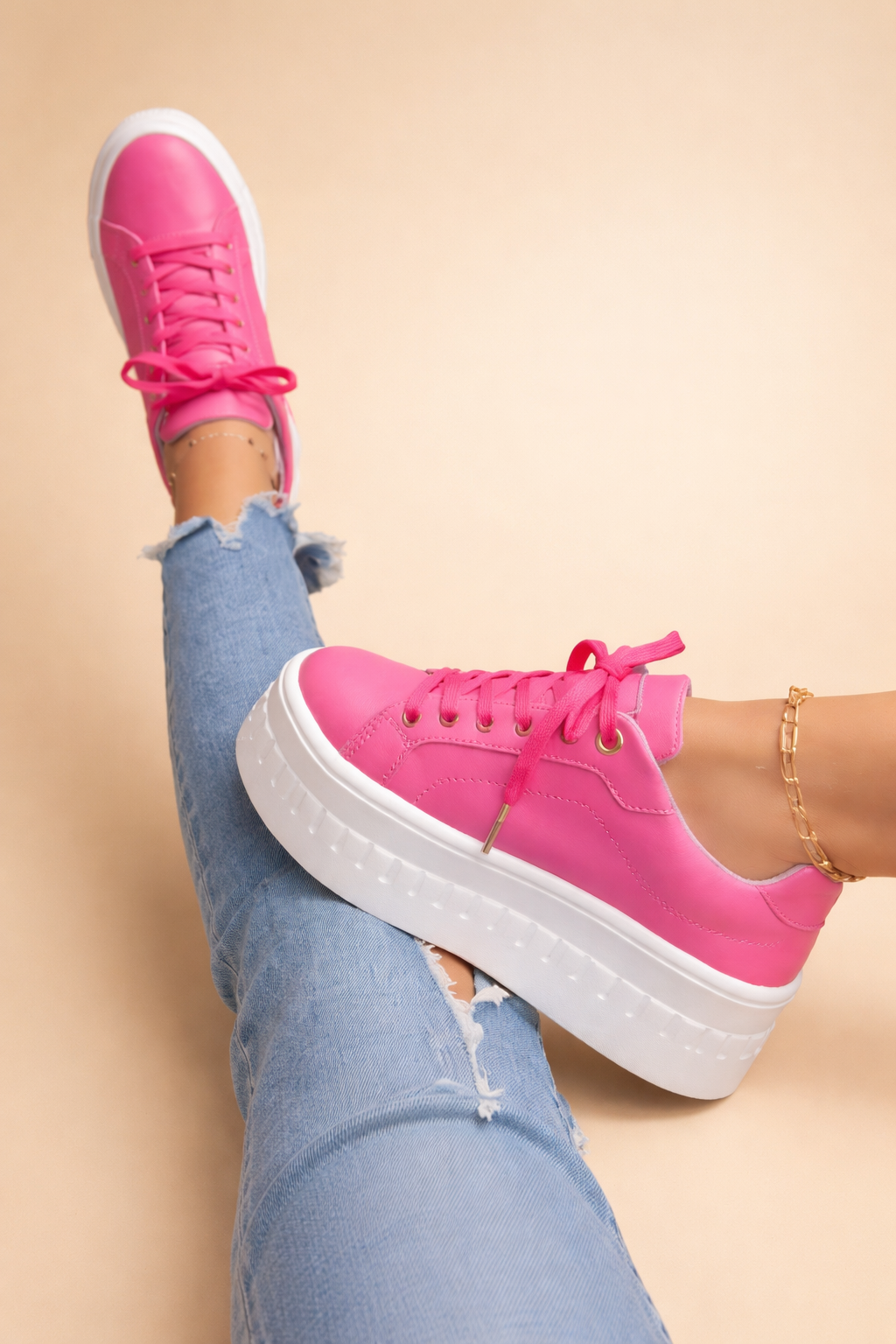 Camille Vosselair | Tan Platform Lace-Up Sneakers for Women