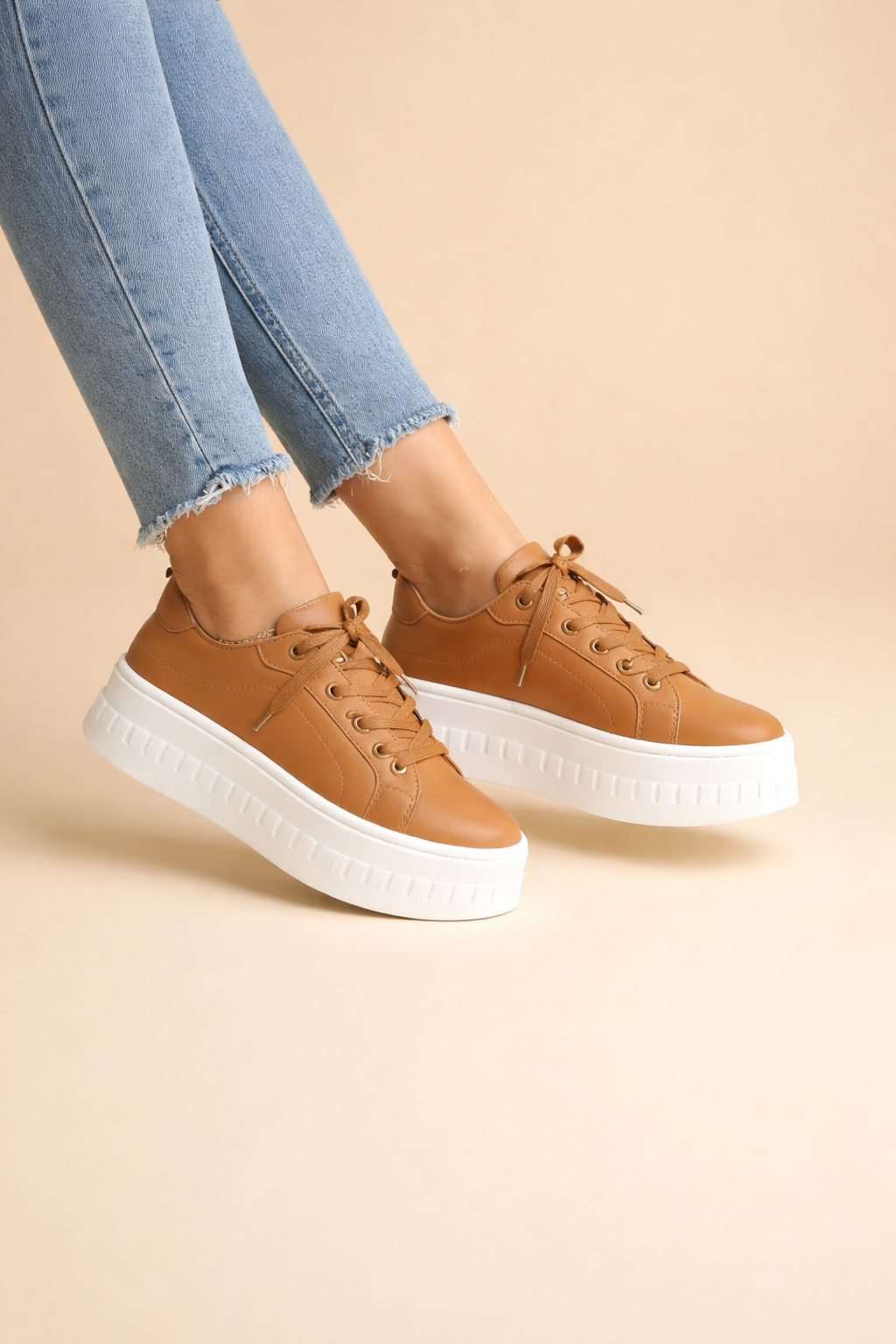 Camille Vosselair | Tan Platform Lace-Up Sneakers for Women