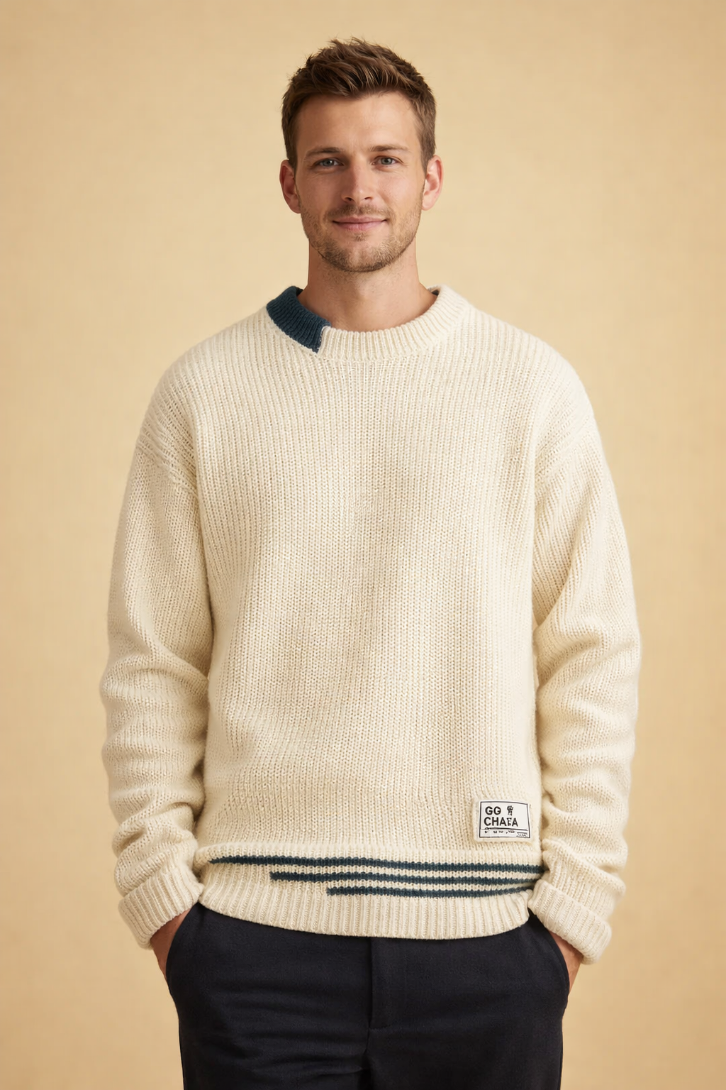 Felicity Green | Cream Ribbed Crew Neck Knit Sweater