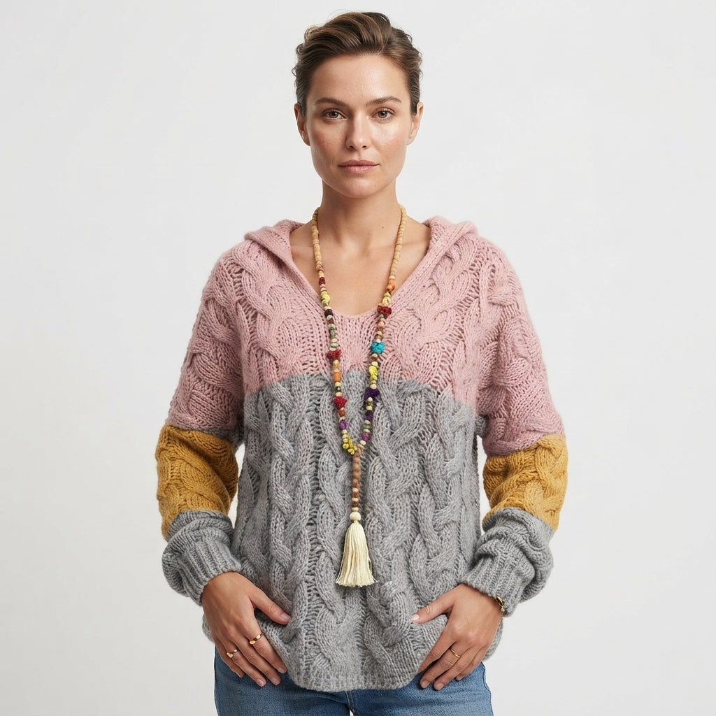 Poppy Wilson | Colourblock Cable Knit Hooded Sweater
