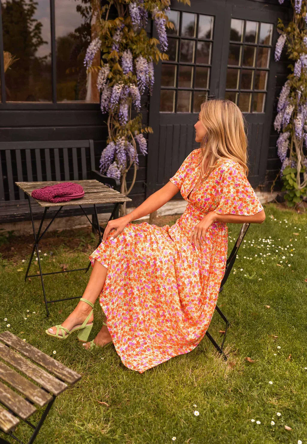 Daisy Campbell | Orange Floral Pleated Maxi Dress with Flutter Sleeves