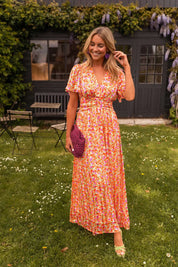 Daisy Campbell | Orange Floral Pleated Maxi Dress with Flutter Sleeves