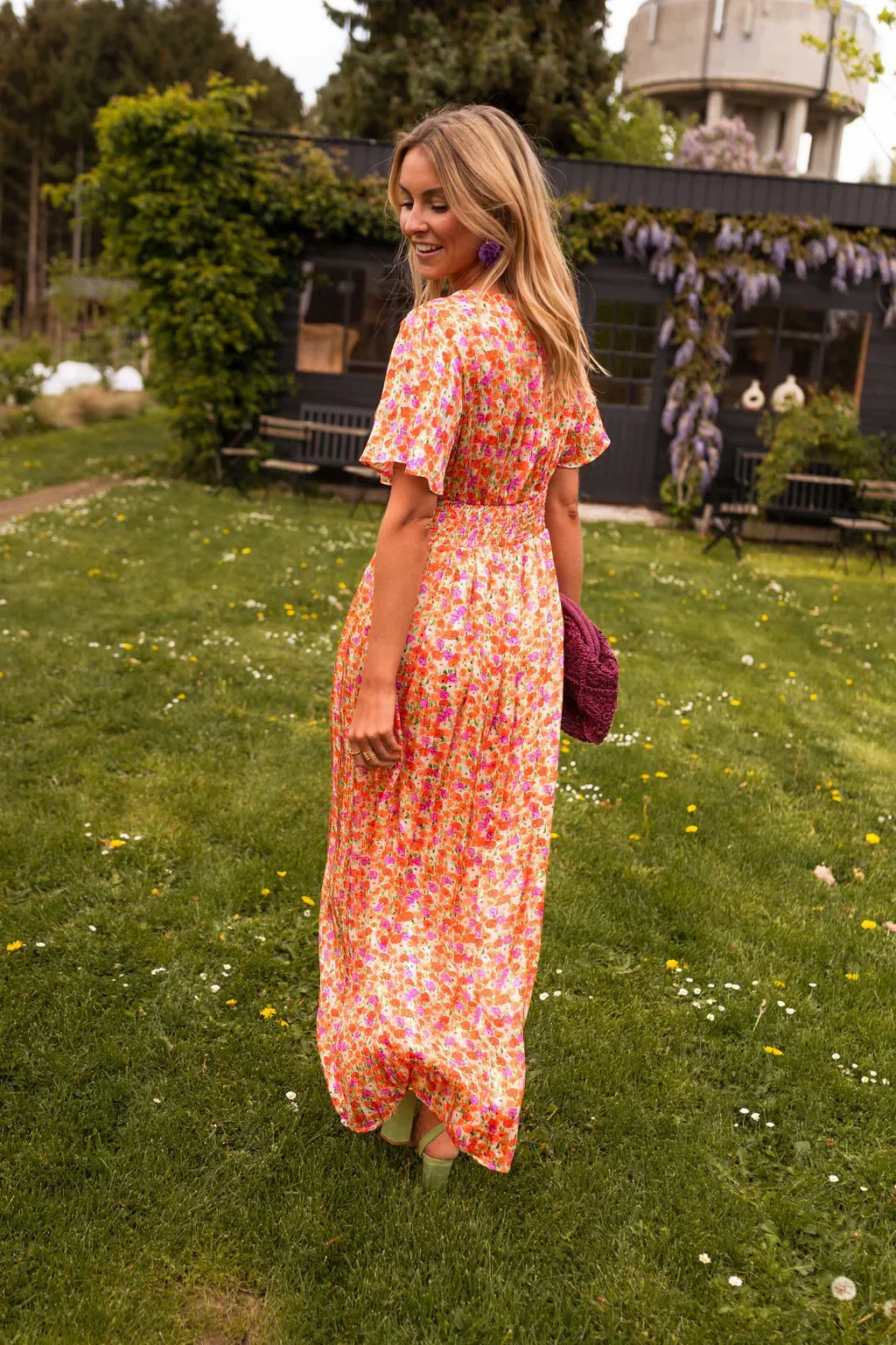 Daisy Campbell | Orange Floral Pleated Maxi Dress with Flutter Sleeves