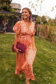 Daisy Campbell | Orange Floral Pleated Maxi Dress with Flutter Sleeves