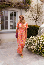 Daisy Campbell | Orange Floral Pleated Maxi Dress with Flutter Sleeves