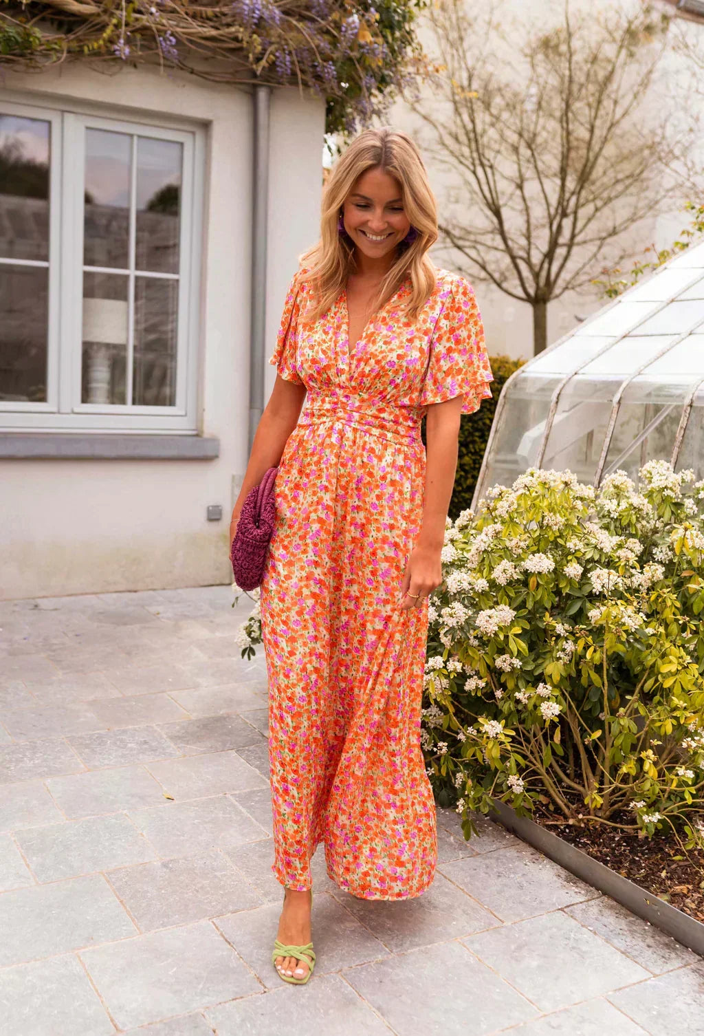 Daisy Campbell | Orange Floral Pleated Maxi Dress with Flutter Sleeves