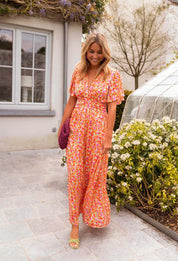 Daisy Campbell | Orange Floral Pleated Maxi Dress with Flutter Sleeves