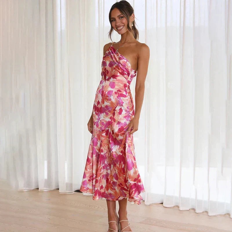 Imogen Taylor | One-Shoulder Floral Satin Midi Dress