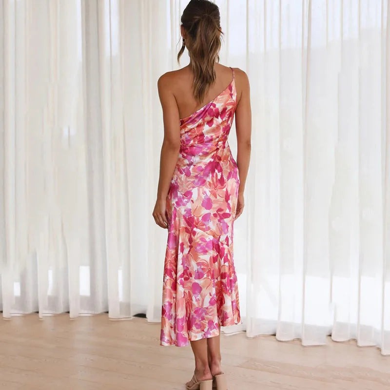 Imogen Taylor | One-Shoulder Floral Satin Midi Dress