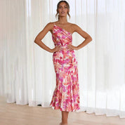 Imogen Taylor | One-Shoulder Floral Satin Midi Dress
