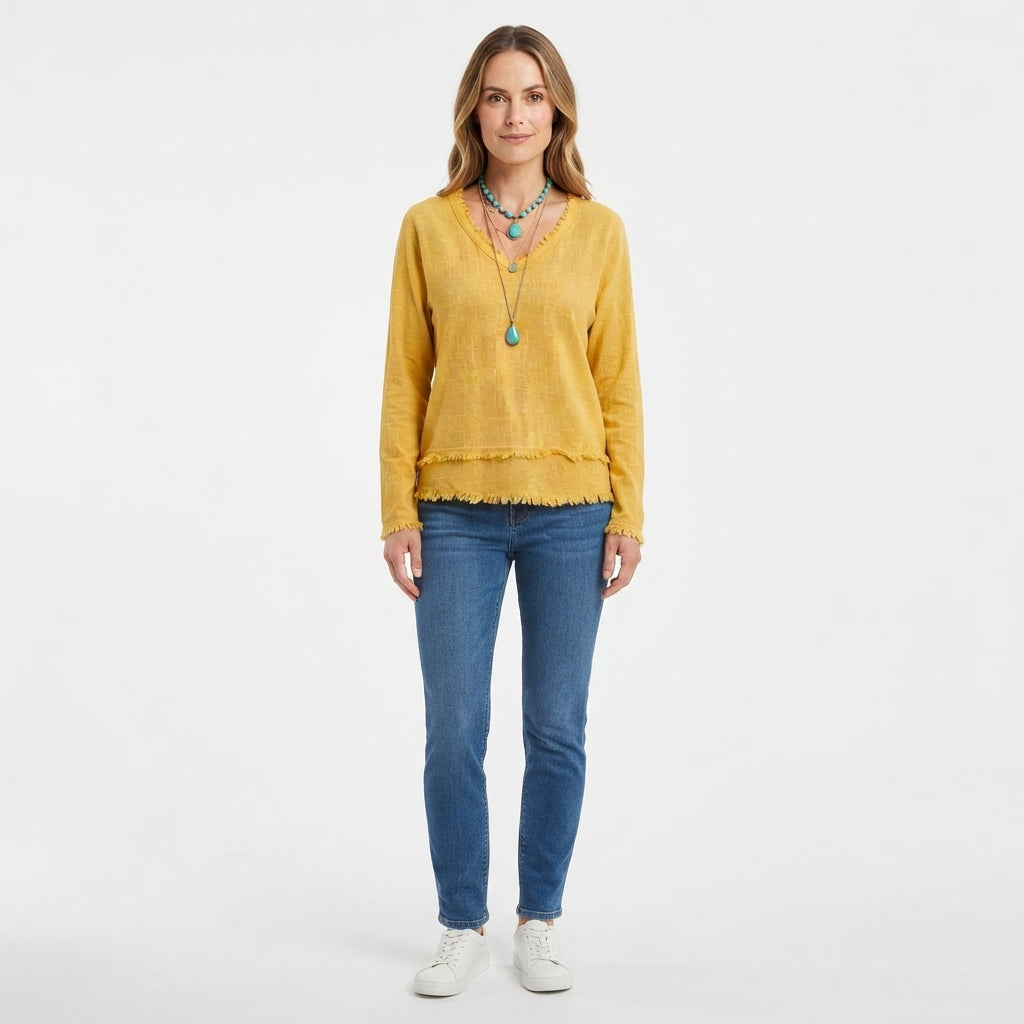 Susannah Fairweather | Pink Frayed-Edge V-Neck Top
