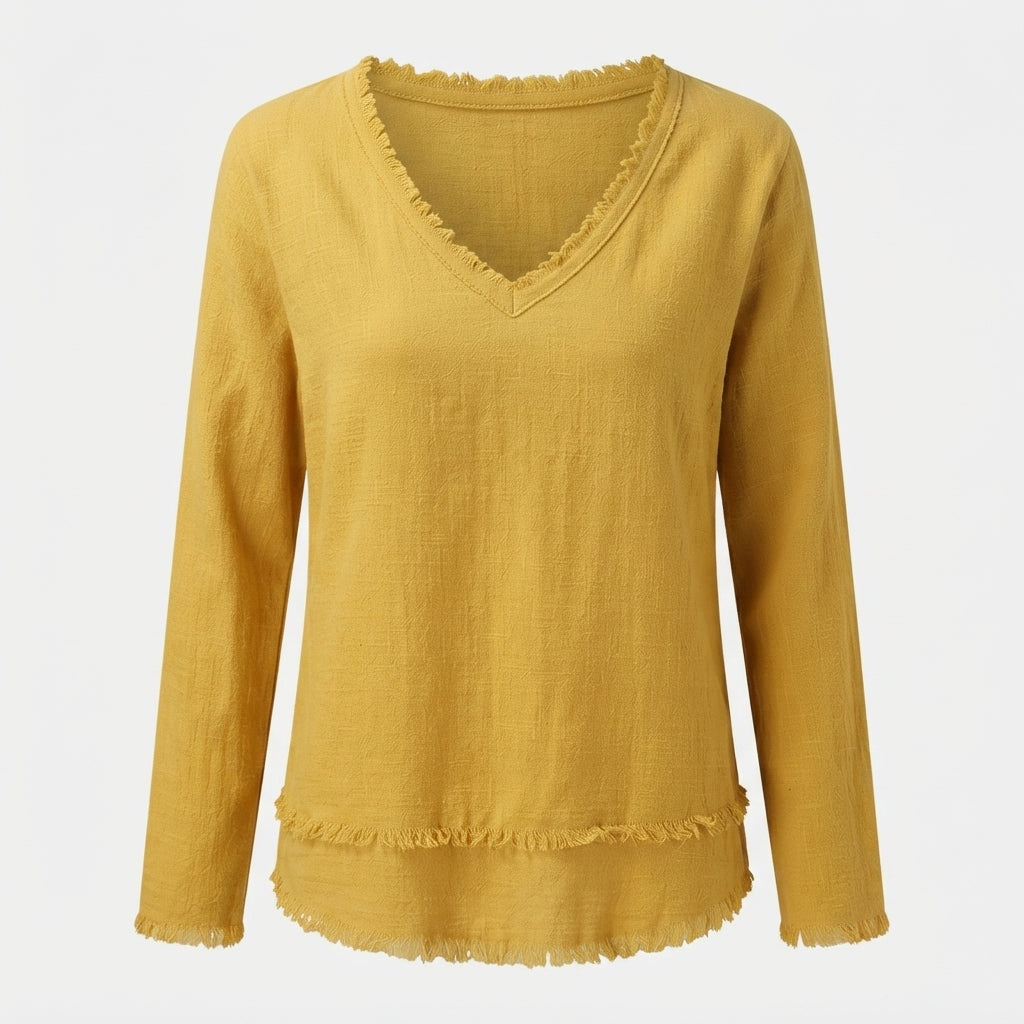 Susannah Fairweather | Pink Frayed-Edge V-Neck Top