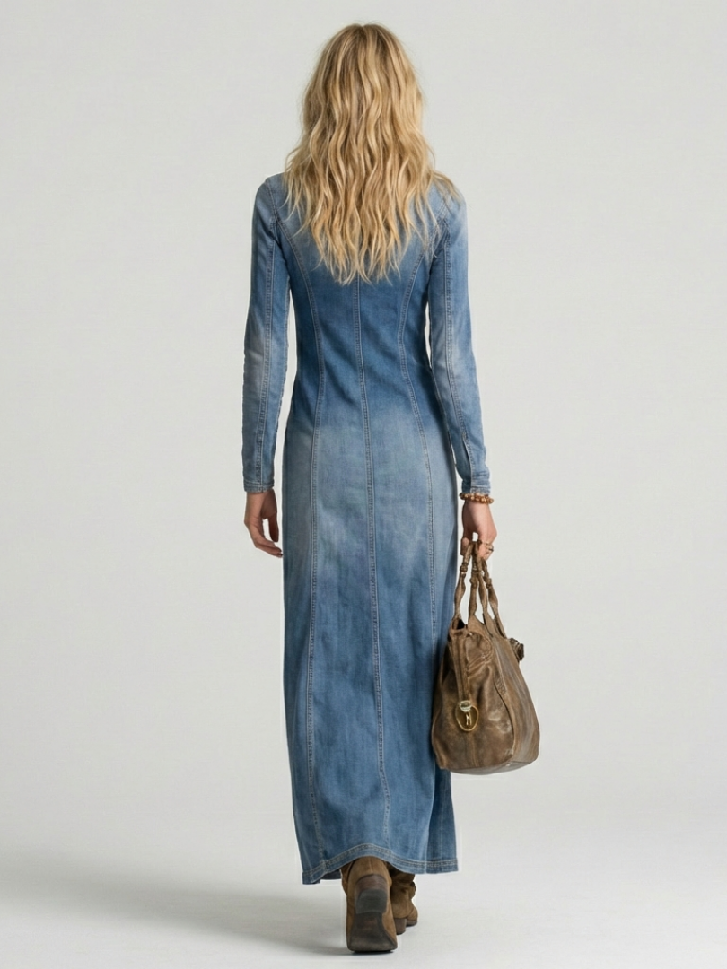 Daisy Thornton | Button-Front Denim Maxi Dress with V-Neck