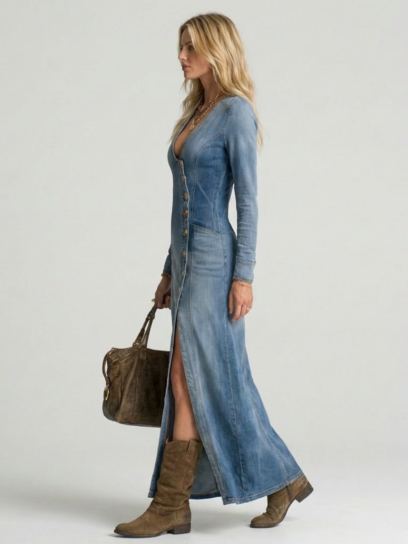 Daisy Thornton | Button-Front Denim Maxi Dress with V-Neck