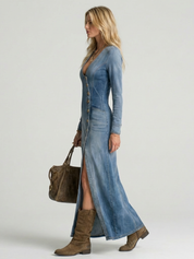 Daisy Thornton | Button-Front Denim Maxi Dress with V-Neck