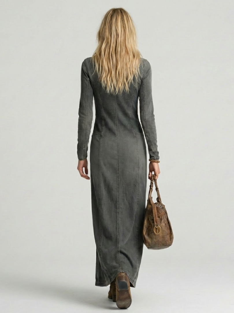 Daisy Thornton | Button-Front Denim Maxi Dress with V-Neck