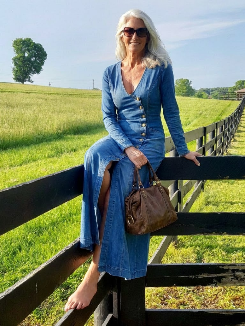 Daisy Thornton | Button-Front Denim Maxi Dress with V-Neck