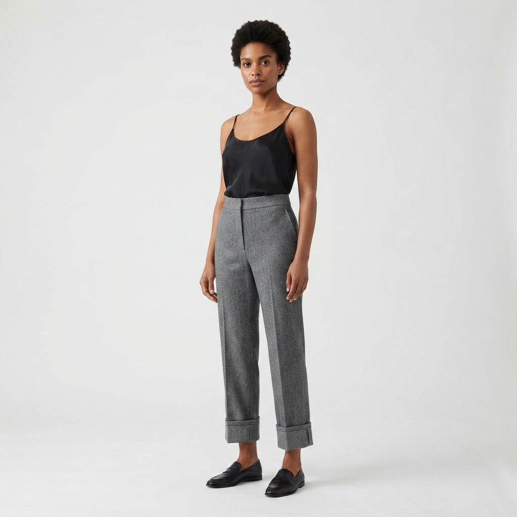 Vivienne Caldwell | Pantalon en laine à chevrons beige, taille haute