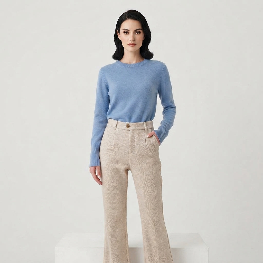 Vivienne Caldwell | Pantalon en laine à chevrons beige, taille haute