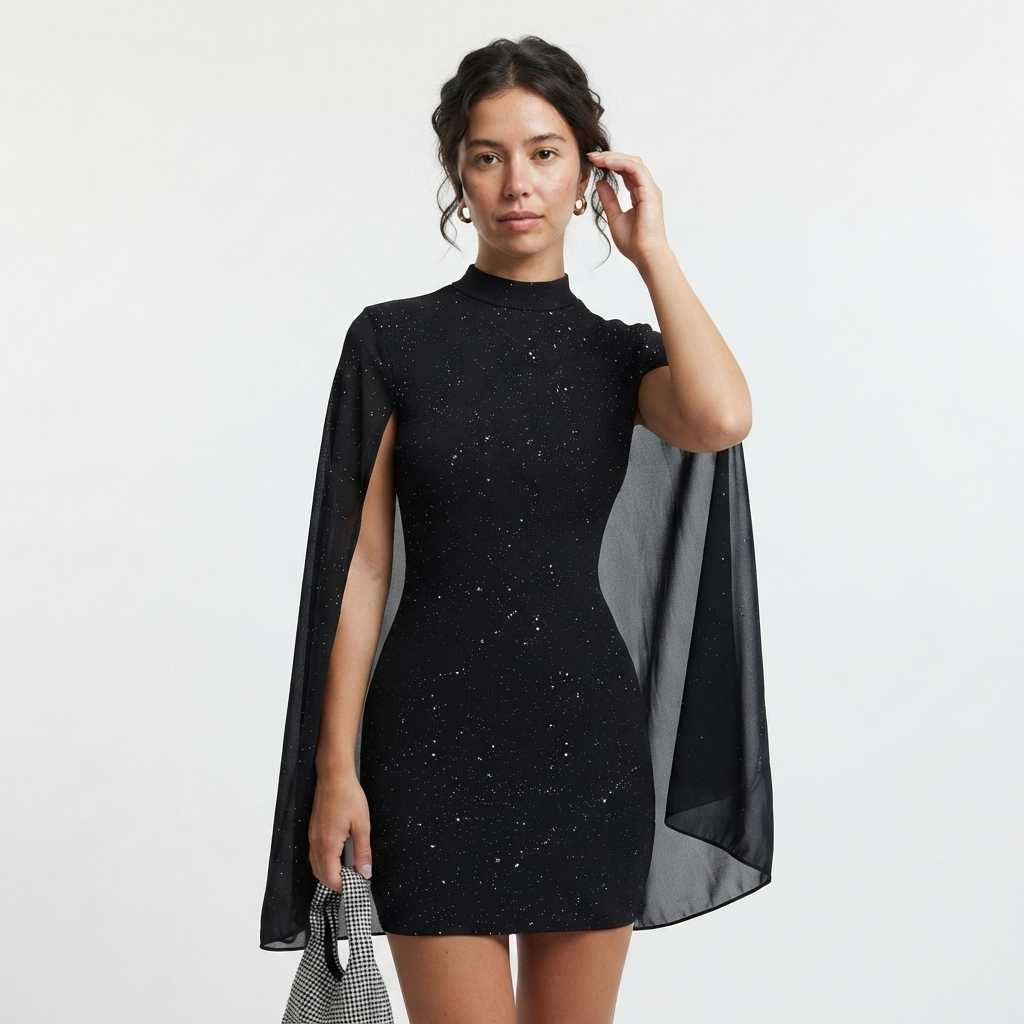 Vivienne Monroe | Glitter Cape Sleeve Mini Dress For Women