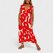 Sophia Whitmore | Robe longue à col en V et imprimé abstrait