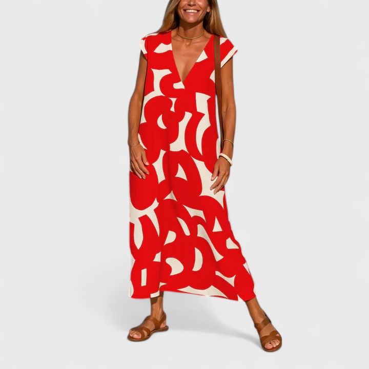 Sophia Whitmore | Robe longue à col en V et imprimé abstrait