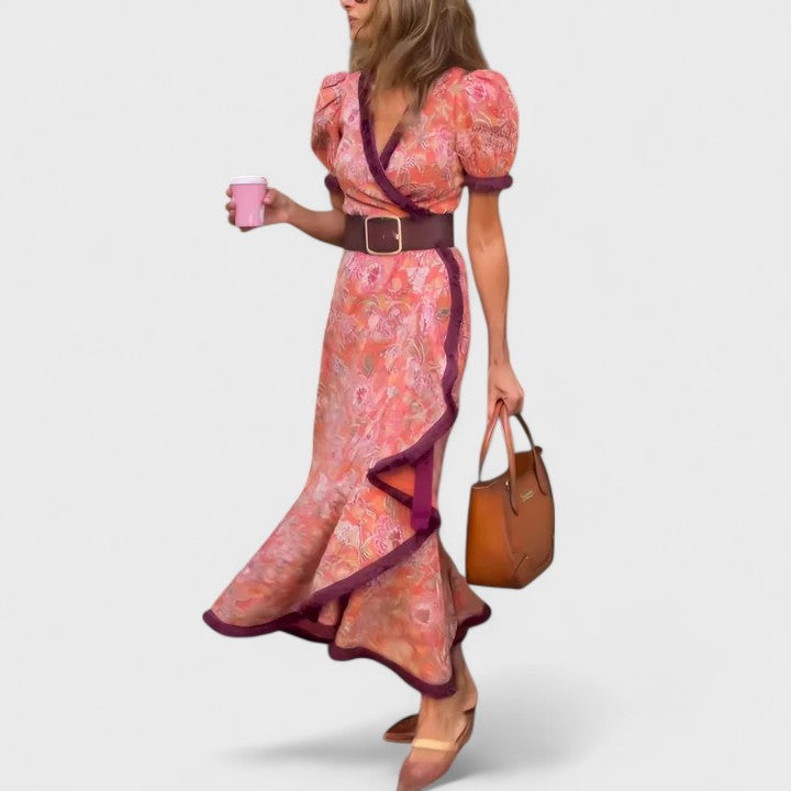 Bronwen Ashford | Robe longue portefeuille fleurie à manches bouffantes