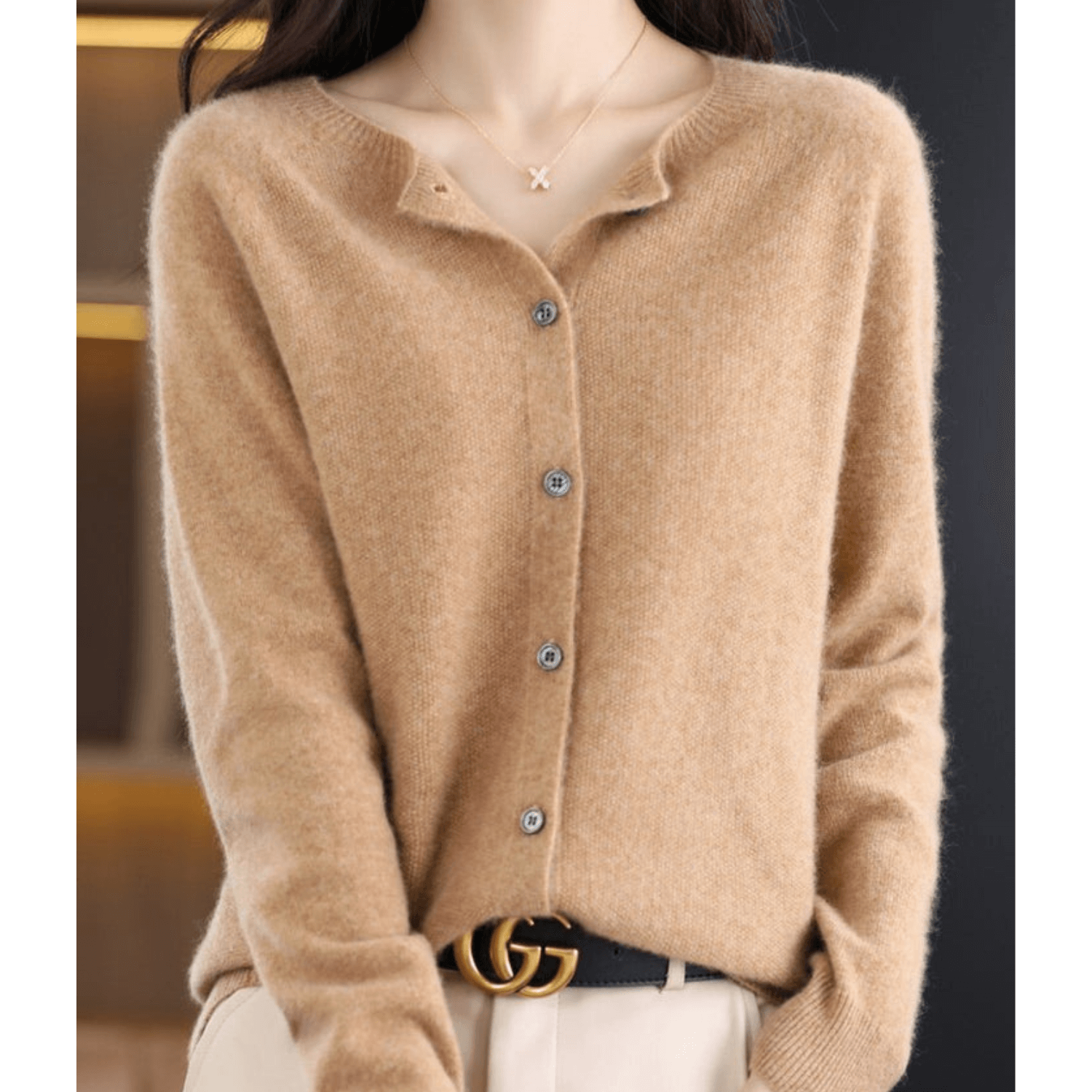 Florence Wright | Purple Button-Front Knit Cardigan