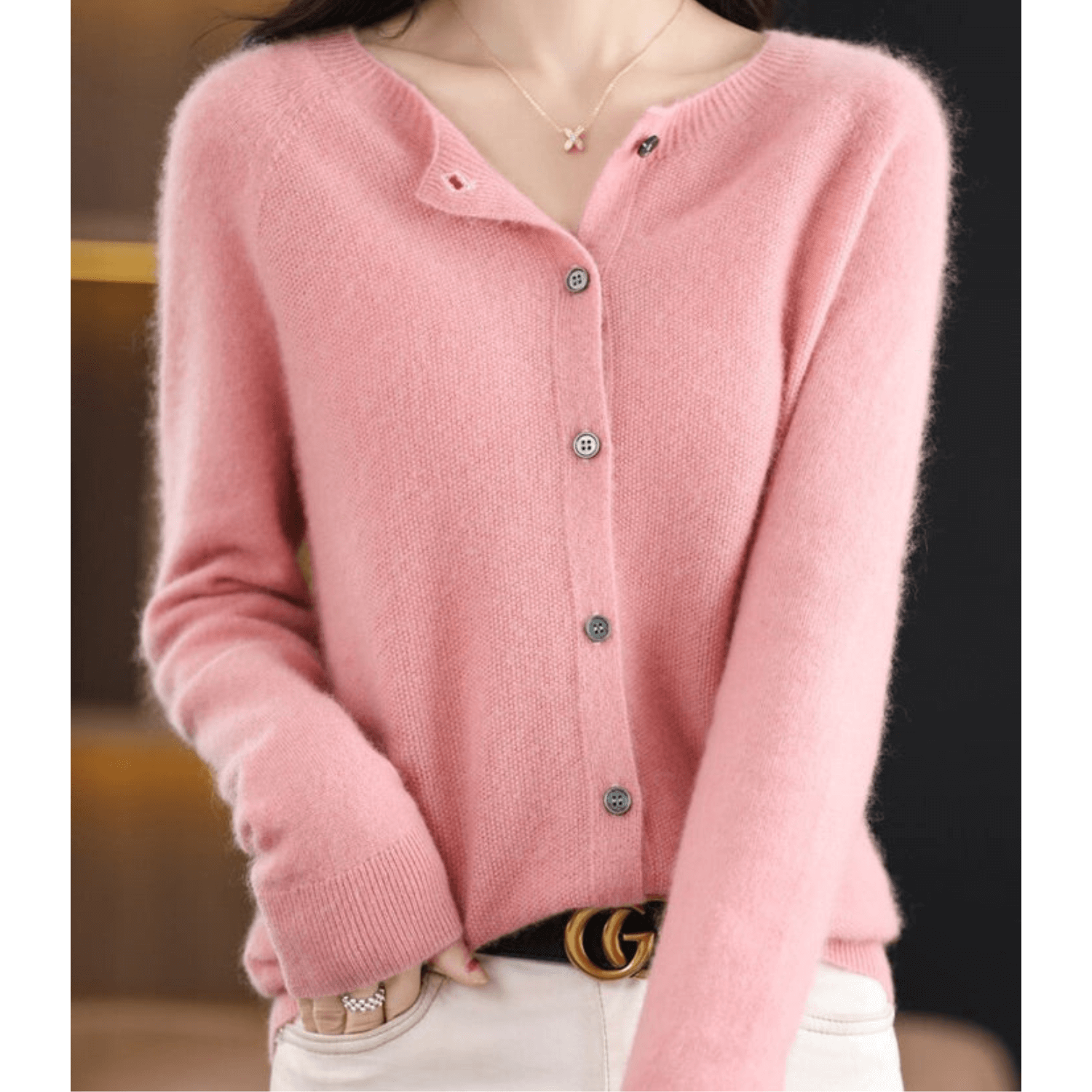 Florence Wright | Purple Button-Front Knit Cardigan