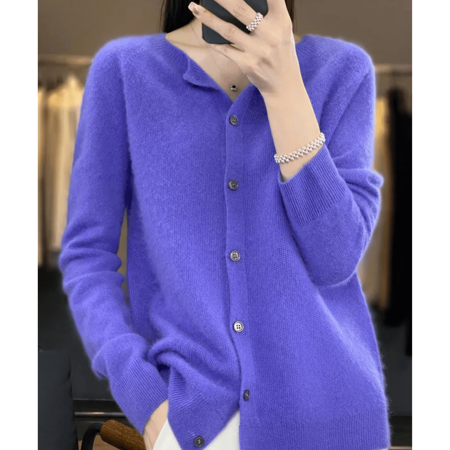 Florence Wright | Purple Button-Front Knit Cardigan