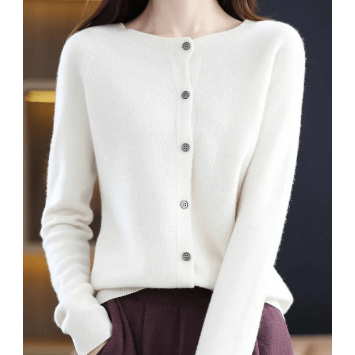 Florence Wright | Purple Button-Front Knit Cardigan