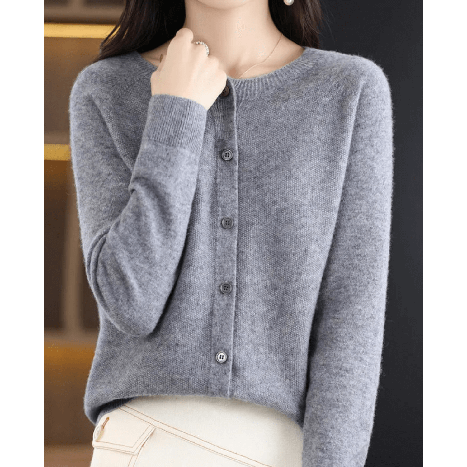 Florence Wright | Purple Button-Front Knit Cardigan